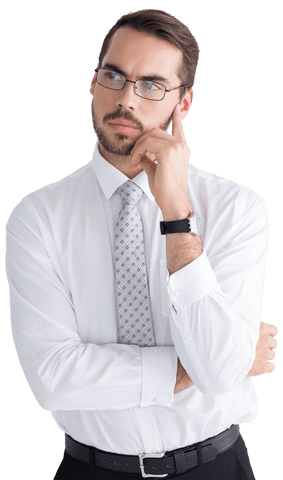 Thoughtful businessman with glasses isolated on transparent background