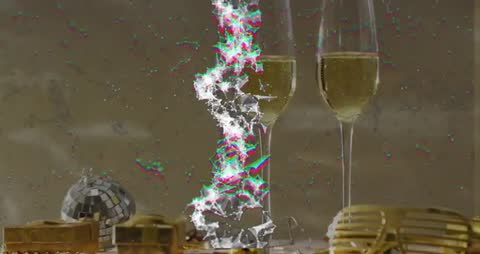 Champagne flutes celebrating with pulsating particle column and gold party shimmer