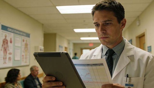 Male physician reviewing patient charts and tablet in hospital corridor waiting area