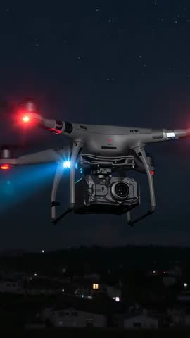 Vertical Night Video of Quadcopter Hovering Over Suburban Town Recording with Gimbal Camera