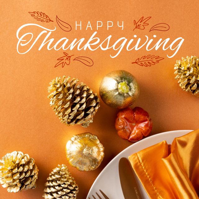 Composition of happy thanksgiving day text over decorations. Thanksgiving day and celebration concept digitally generated image.