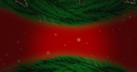 Festive Green Wreaths with Falling Snowflakes on Red Background