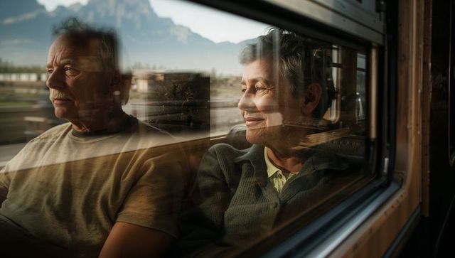 Senior couple reflecting while traveling on train with scenic view