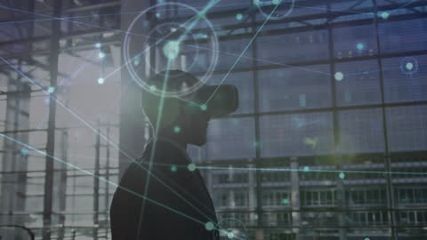 Business professional exploring virtual reality, illustrating technology usage in modern industries. Futuristic network visuals convey innovation and connectivity, ideal for concepts involving digital transformation, tech leadership, or futuristic business solutions.