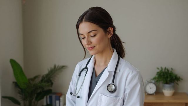 Female doctor standing in clinic looking downward wearing stethoscope and lab coat
