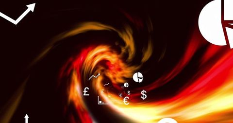 Swirling fiery vortex showing market data, currency symbols and kinetic finance charts