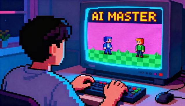 Retro pixel art gamer playing ai master on crt monitor with neon ambient lighting