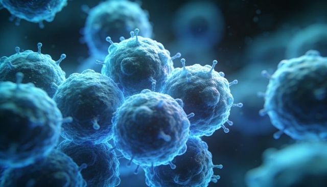 Clustering blue viral particles with short spike proteins glowing in cyan rimlight render