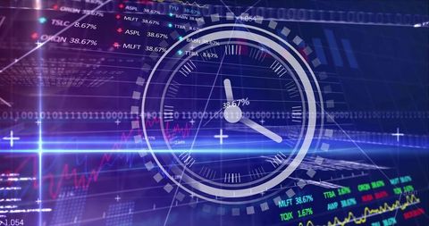 Holographic financial clock overlay tracking market analytics and real-time trading hud