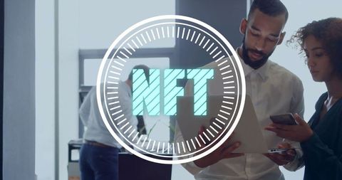 Collaborative Project Discussion in Modern Office with NFT Concept