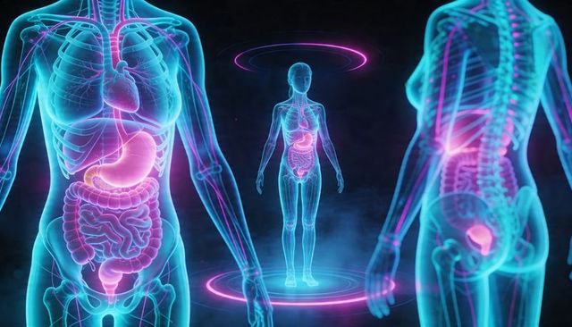 Futuristic holographic female anatomy with glowing organs and transparent skeletal overlay