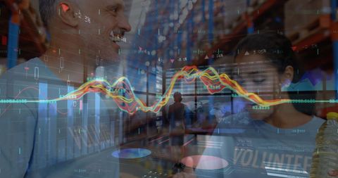 Warehouse Team Analyzing Data with Modern Technology Overlay