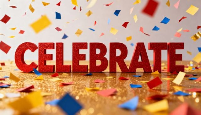 Shimmering celebrate letters with falling confetti on golden glitter surface