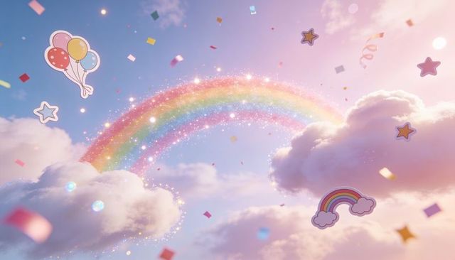 Glittering pastel rainbow arch over fluffy clouds with confetti and balloon stickers