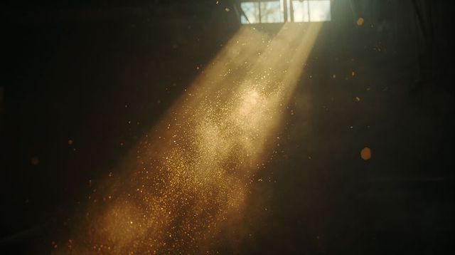 Golden sunbeam streaming through dusty attic window illuminating floating dust particles
