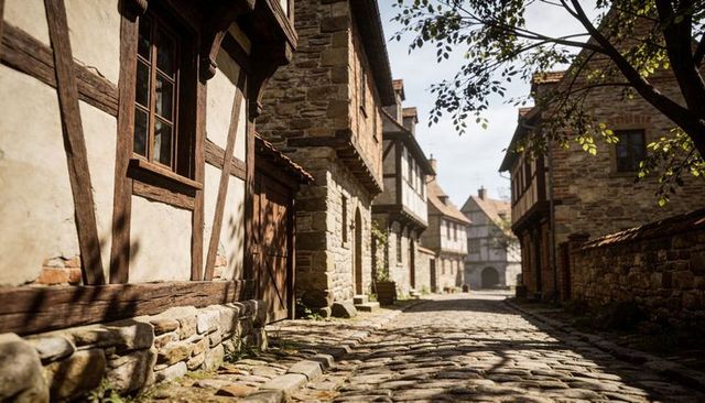 Sunlit Cobblestone Lane in Historic Timbered Village with Stone Archway