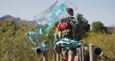 Hiker Activating Futuristic Technology Backpack Experience