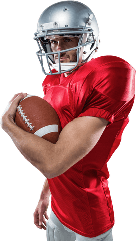 Confident american football player holding ball transparent background