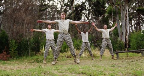 Soldiers Exercising Outdoors: Teamwork in Military Training