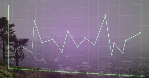 Neon data overlay on panoramic hillside with glowing grid, jagged line graph and markers
