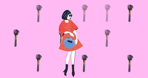 Fashionable Woman with Retro Style and Brushes on Pink Background - Download Free Stock Images Pikwizard.com