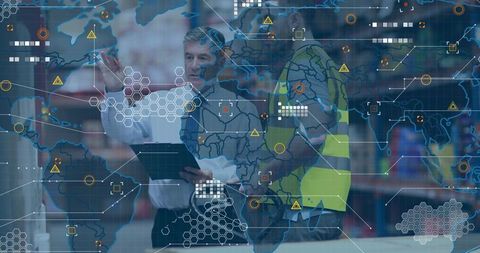 Manager pointing, worker in hi-vis checking inventory on tablet with logistics overlay