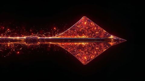 Cybernetic flaming spear tip with glowing embers in dark space