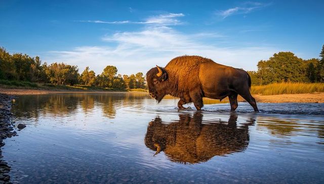 Solitary american bison wading through shallow river at golden hour with clear reflection