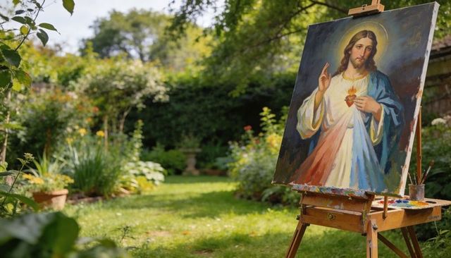 Easel holding sacred heart of jesus oil painting in sunlit garden with palette and brushes
