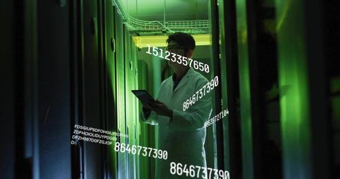 Korean Technician Inspecting Server Racks with Tablet in Futuristic Green Data Center