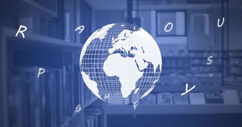 Globe with letters floating in peaceful library setting