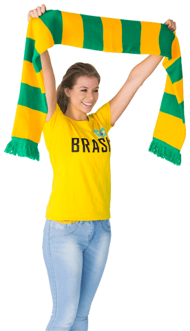 Cheerful transparent woman football fan in brazil shirt holding scarf