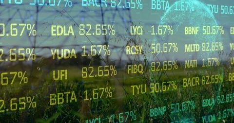 Futuristic Overlay of Stock Data on Eco-Friendly Landscape