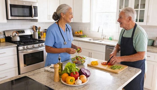 Nurse and senior preparing fresh salad together in bright home kitchen
