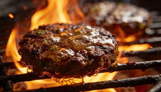 Sizzling charred beef burger patty on open flame grill with glazed oil bubbles and herbs