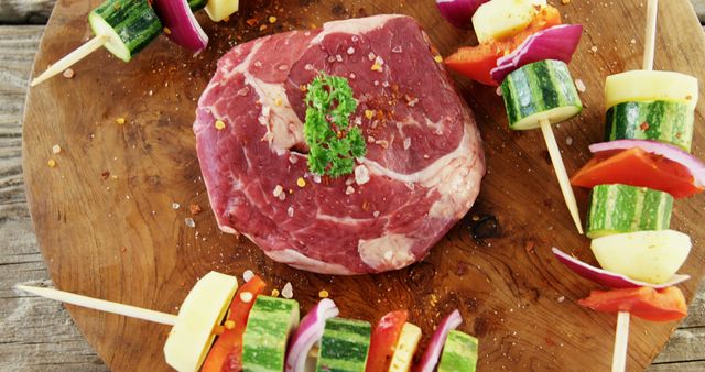 Raw Beef Steak with Vegetable Skewers on Wooden Board - Download Free Stock Images Pikwizard.com