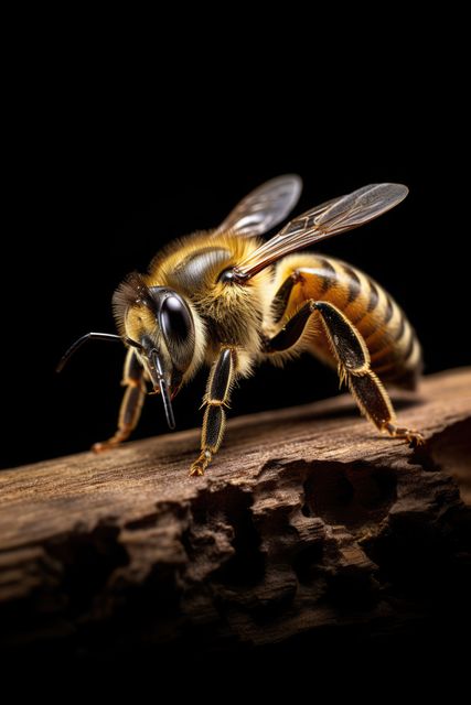 Close up of bee standing on wood, on black background, created using generative ai technology. Insects, nature and wildlife concept digitally generated image.