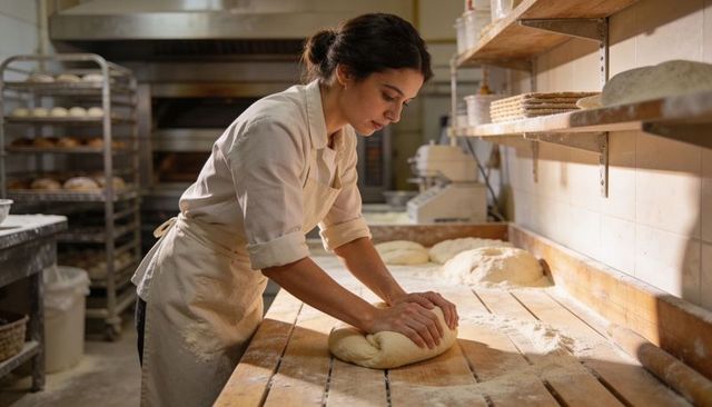 Female baker kneading dough on wooden bench in artisan bakery, preparing bread loaves