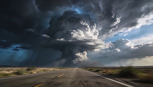 Highway Leading Toward Towering Cumulonimbus Over Desert Plain, Dramatic Stormfront