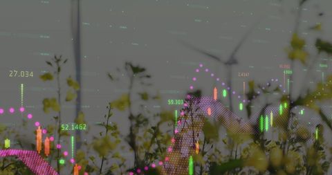 Future technology concept with wind turbines and data visualizations