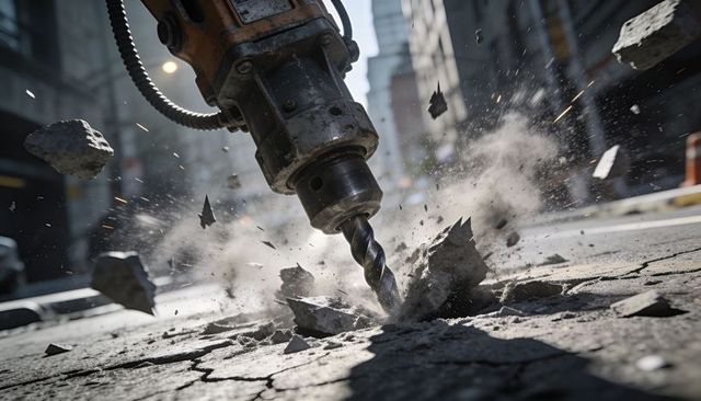 Rotary hammer drilling into urban road breaking concrete and sending dust, debris