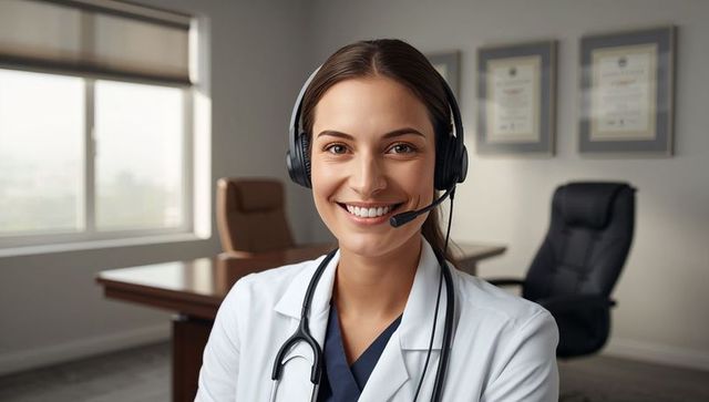 Female doctor conducting telemedicine consult wearing headset and stethoscope in office