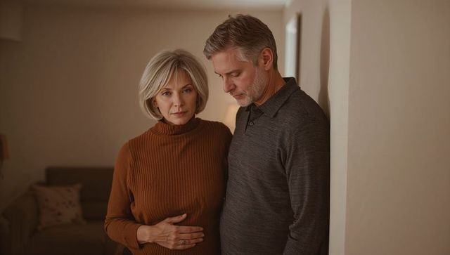 Mature couple standing close in cozy living room showing quiet support and bond