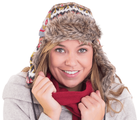 Joyful Blond Woman in Cozy Winter Attire with Transparent Background