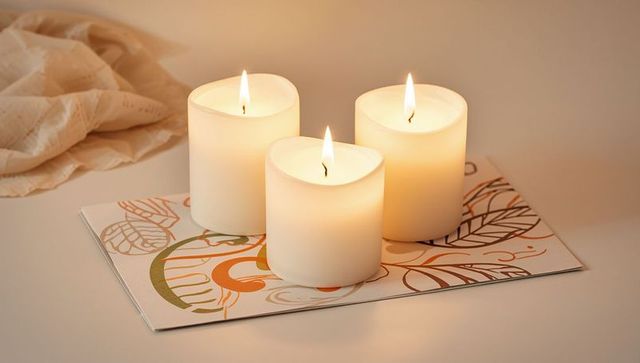 Glowing White Pillar Candles Casting Warm Cozy Ambiance on Neutral Tabletop