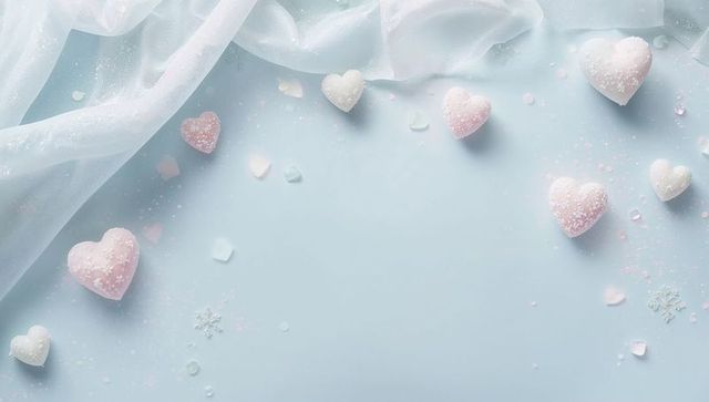Scattering Pastel Heart Candies on Soft Blue Flatlay with Sheer Fabric and Sugar