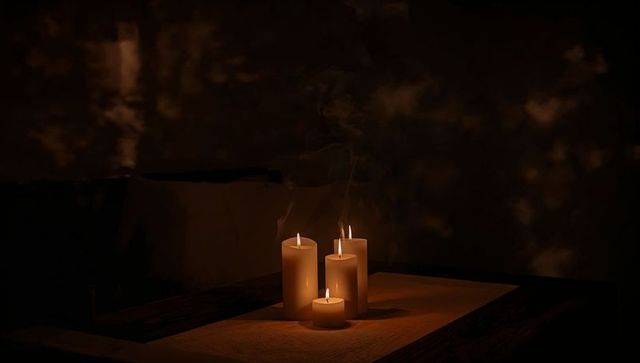 Four Pillar Candles Casting Warm Amber Glow on Wooden Table for Moody Intimate Ambience