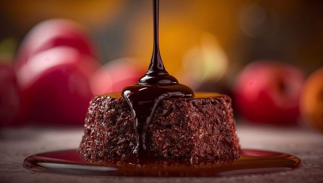 Rich Gourmet Dessert with Chocolate Sauce and Apples Background