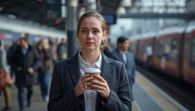 Young businesswoman waiting on urban train platform holding coffee cup and commuting