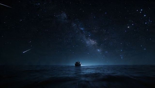 Solitary Boat Gliding on Calm Ocean Under Milky Way and Shooting Stars at Night